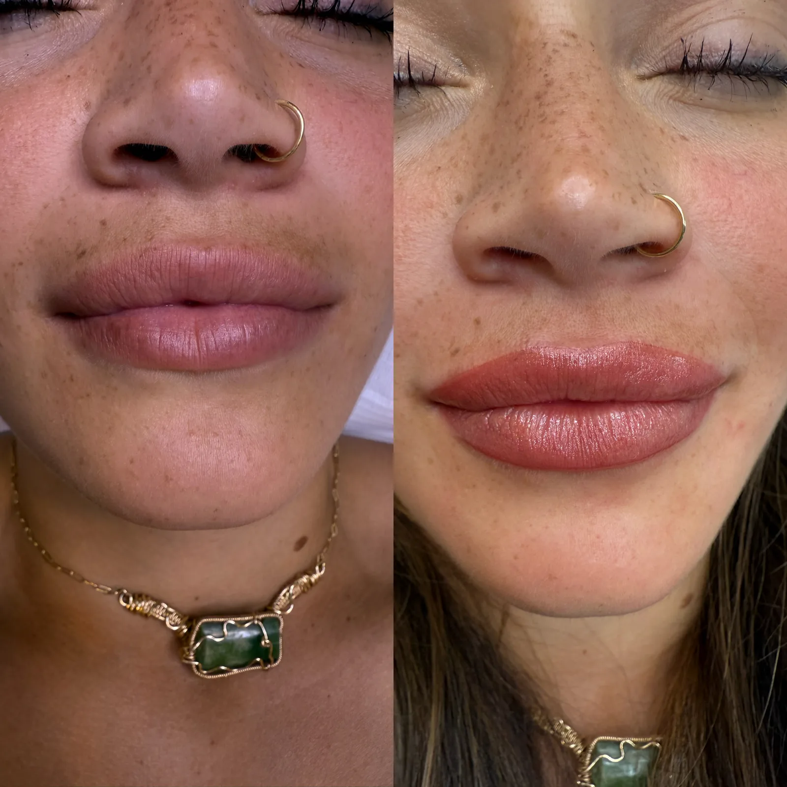 Before-and-after lip blush at Microblading LA: pale pink lips become fuller, defined lips in a warm coral-rose tone