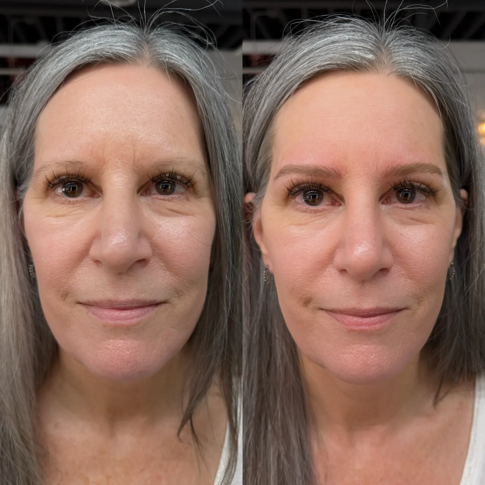 Nano Brows before and after at Microblading LA: sparse, faint brows become soft, defined arches in a natural taupe brown