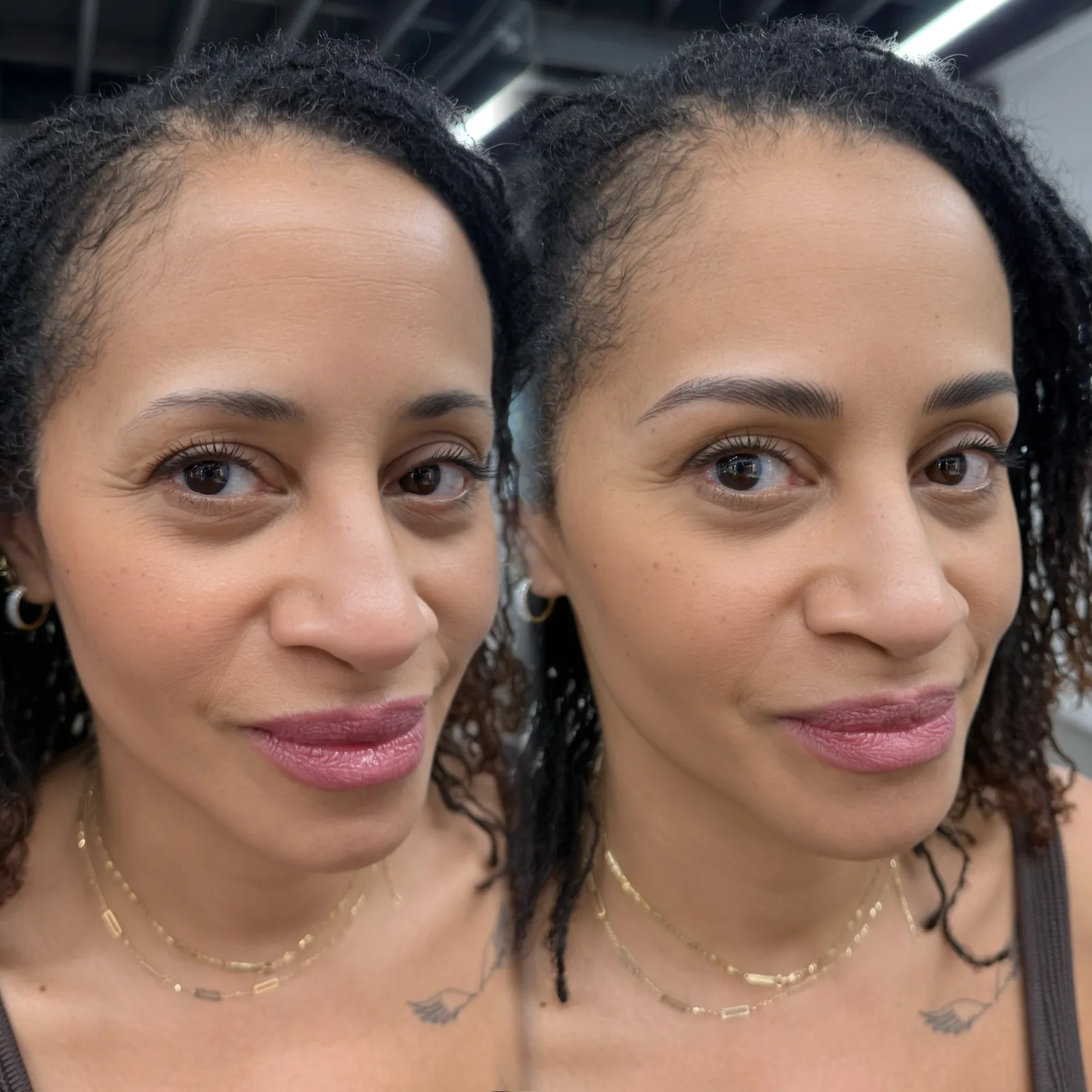 Nano brows before and after at Microblading LA: sparse, light brows become fuller, defined dark brown arches with soft hair strokes