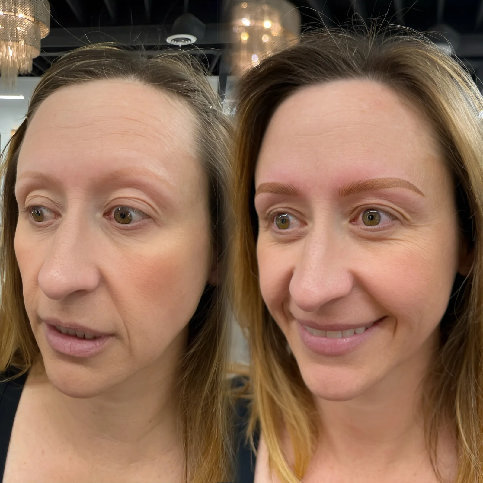 Nano Brows before and after at Microblading LA: sparse, faint brows transformed into full, softly arched warm auburn brows