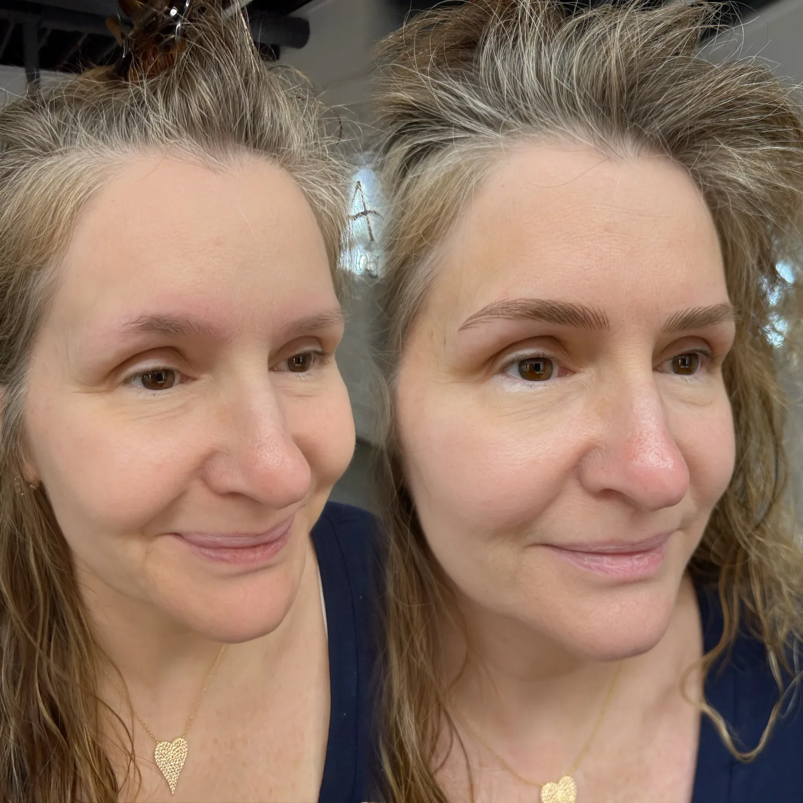 Nano brows before and after at Microblading LA: sparse, faint brows become fuller, soft brown brows with a gentle arch