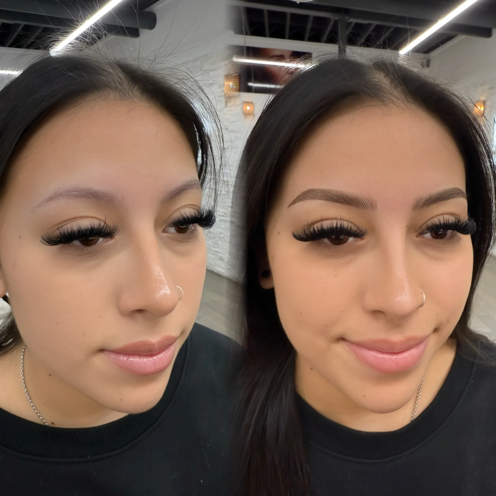 Nano Brows before and after at Microblading LA: sparse light brows become fuller, softly arched brows in a natural medium brown