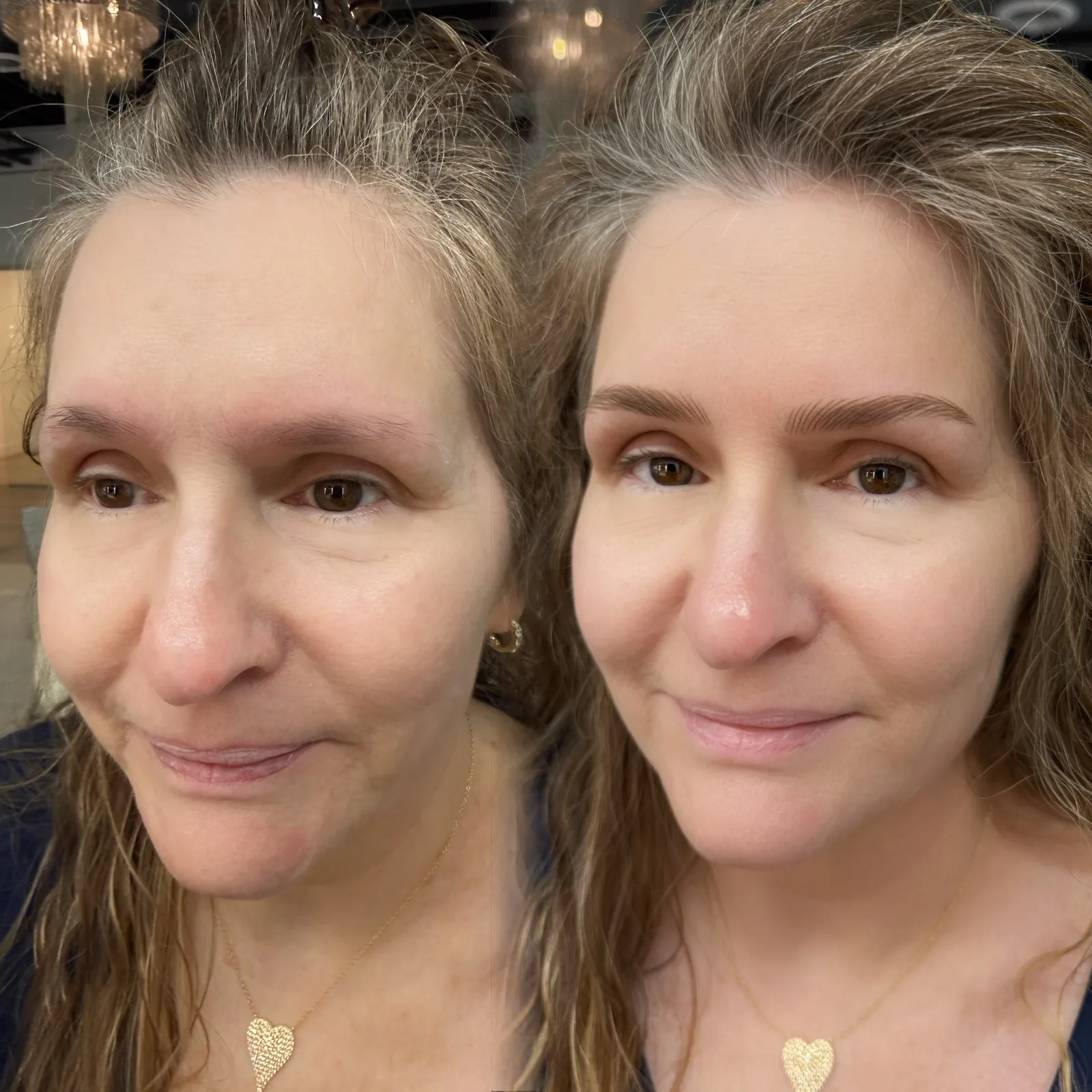 Nano Brows before and after at Microblading LA: sparse, faint brows become full, softly arched brows in a natural brown tone