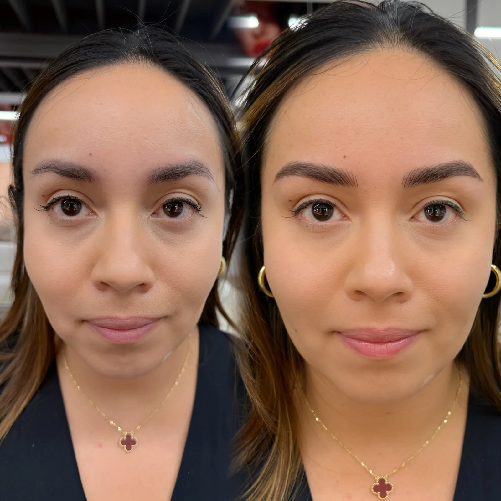 Nano brows before and after at Microblading LA: sparse brows become fuller, softly arched dark brown brows with defined hair strokes