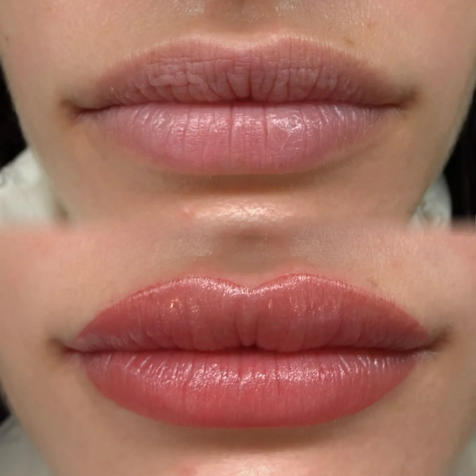 Before and after lip blush at Microblading LA: pale pink lips become a defined coral-rose tone with a crisp, full outline