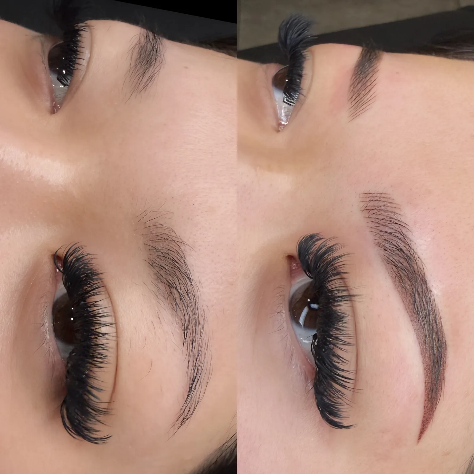 Nano Brows before and after at Microblading LA: sparse, uneven brows become fuller, defined arches with soft brown hair strokes