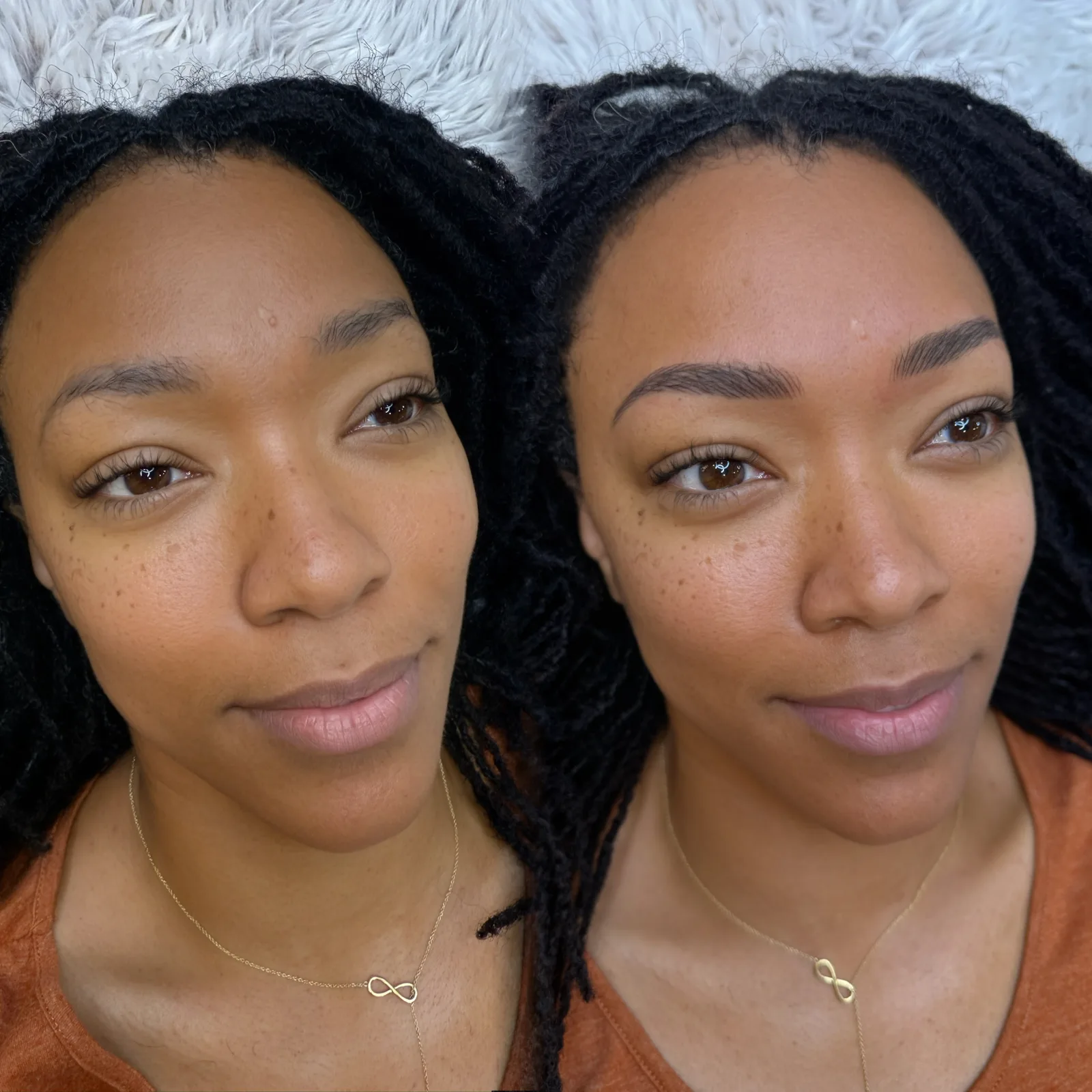 Nano Brows before and after at Microblading LA: sparse brows filled into fuller, softly arched dark brown brows