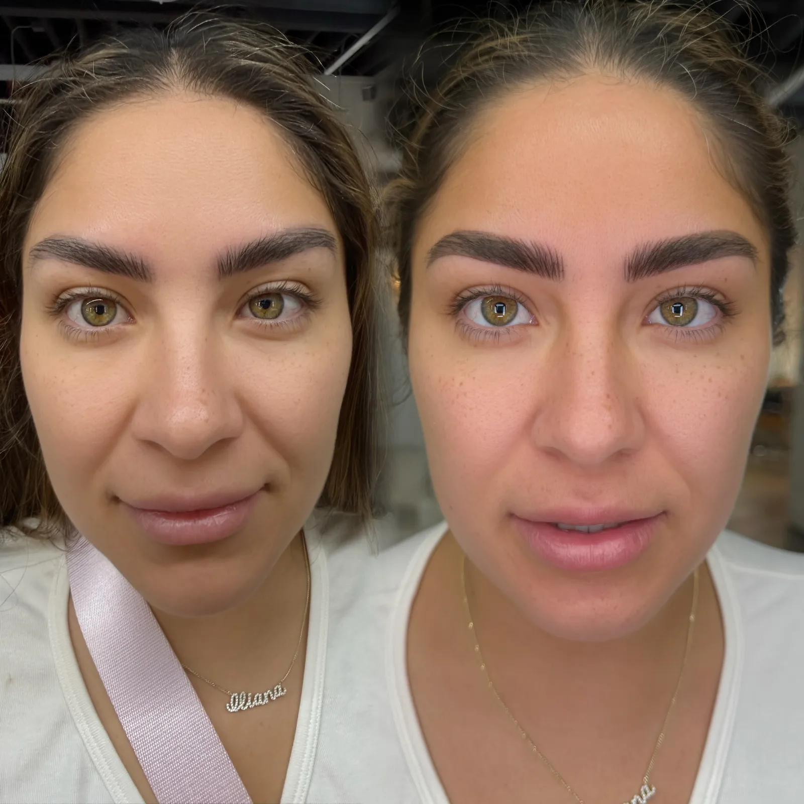 Nano brows before and after at Microblading LA, with sparse brows turned into fuller, defined dark brown arched brows