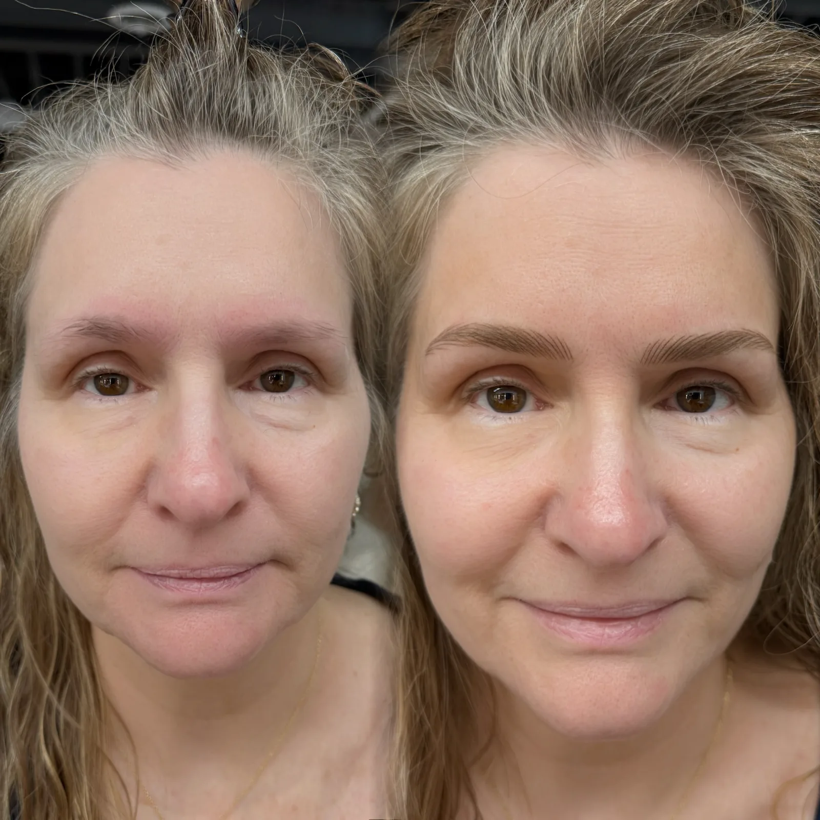 Nano Brows before and after at Microblading LA: sparse, faint brows transformed into soft, defined taupe-brown arches