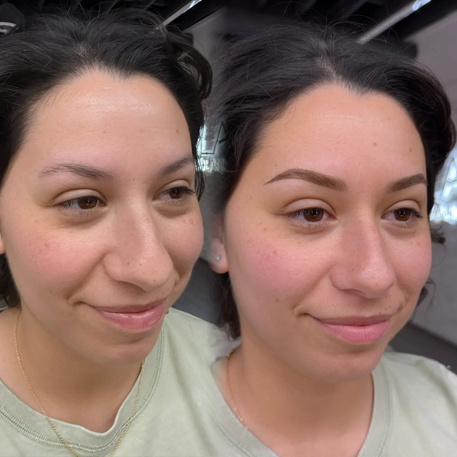 Nano Brows before and after at Microblading LA: sparse, thin brows filled into fuller, softly arched medium brown brows