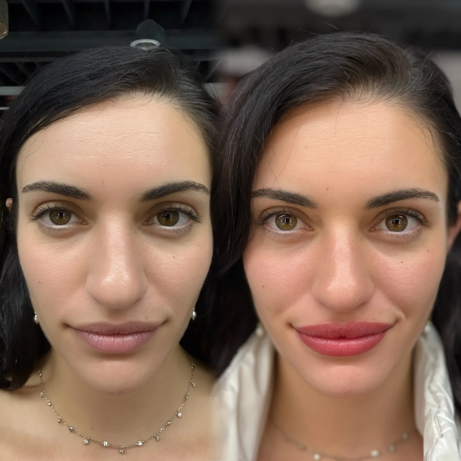 Nano Brows before and after at Microblading LA: dark, softly arched brows, with lips going from pale nude to rosy pink