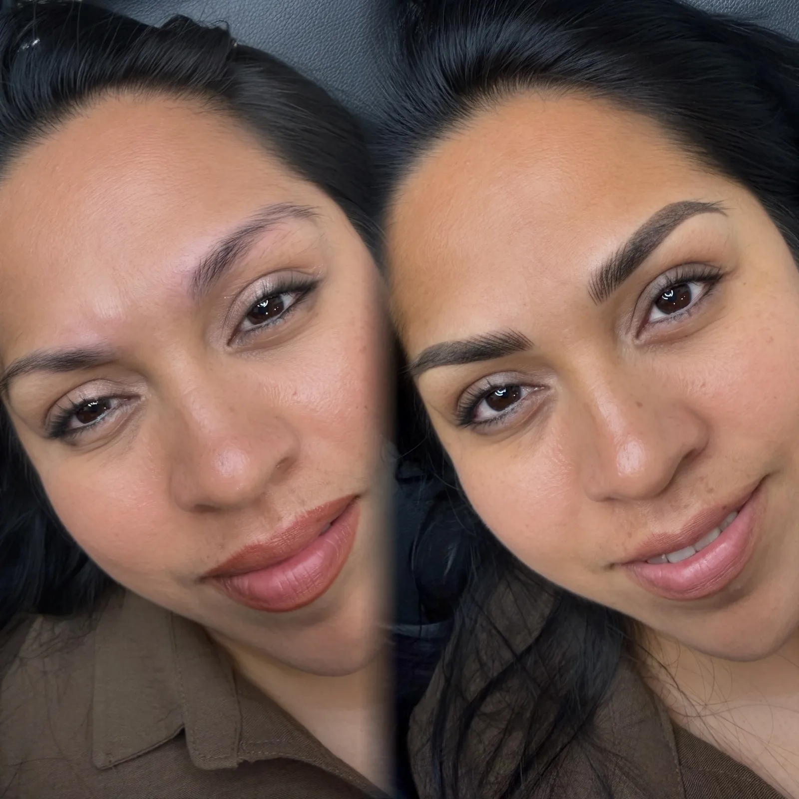 Nano Brows before and after at Microblading LA: sparse light brows become fuller, softly arched dark brown brows