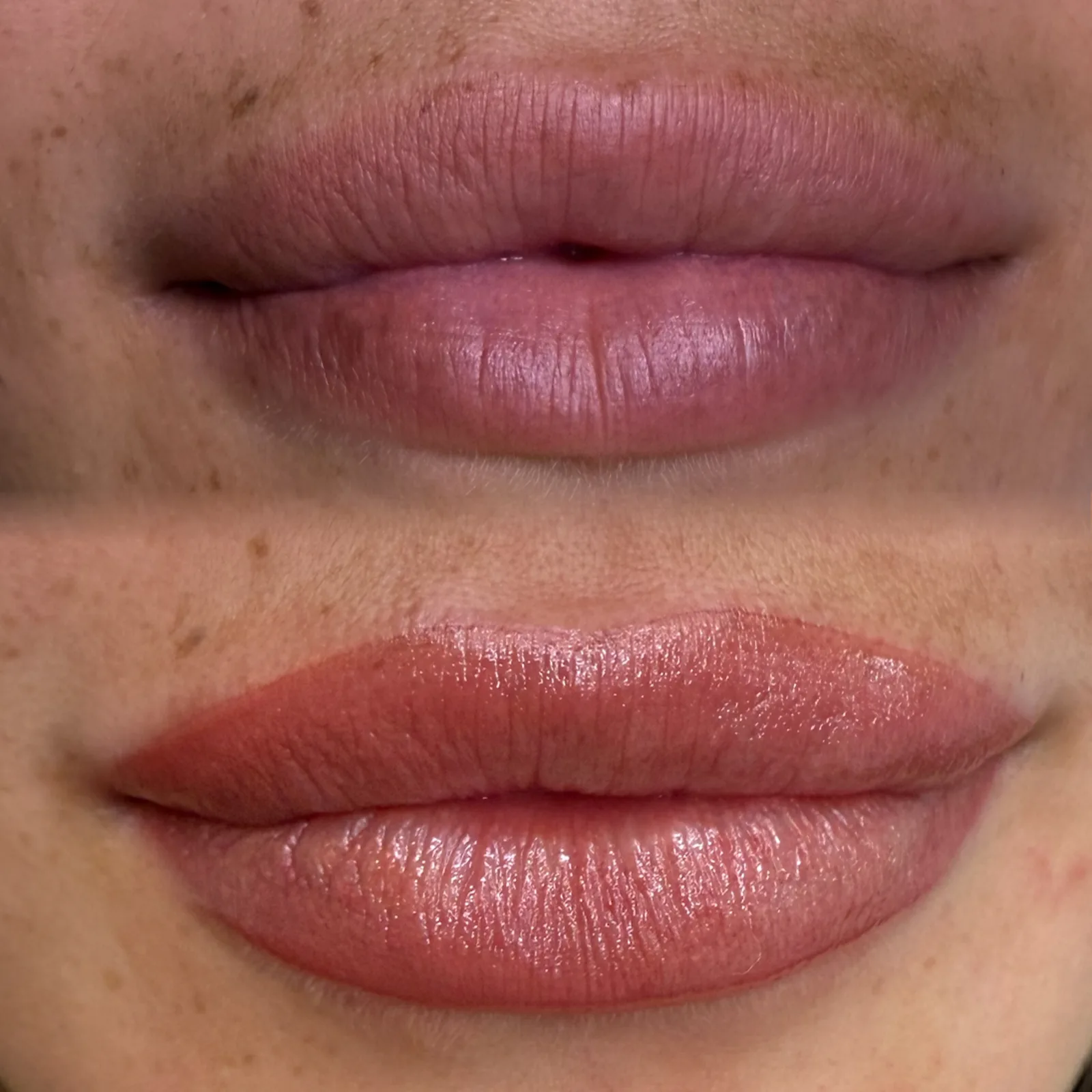 Before-and-after lips at Microblading LA: pale mauve lips become fuller-looking coral-pink lips with defined edges