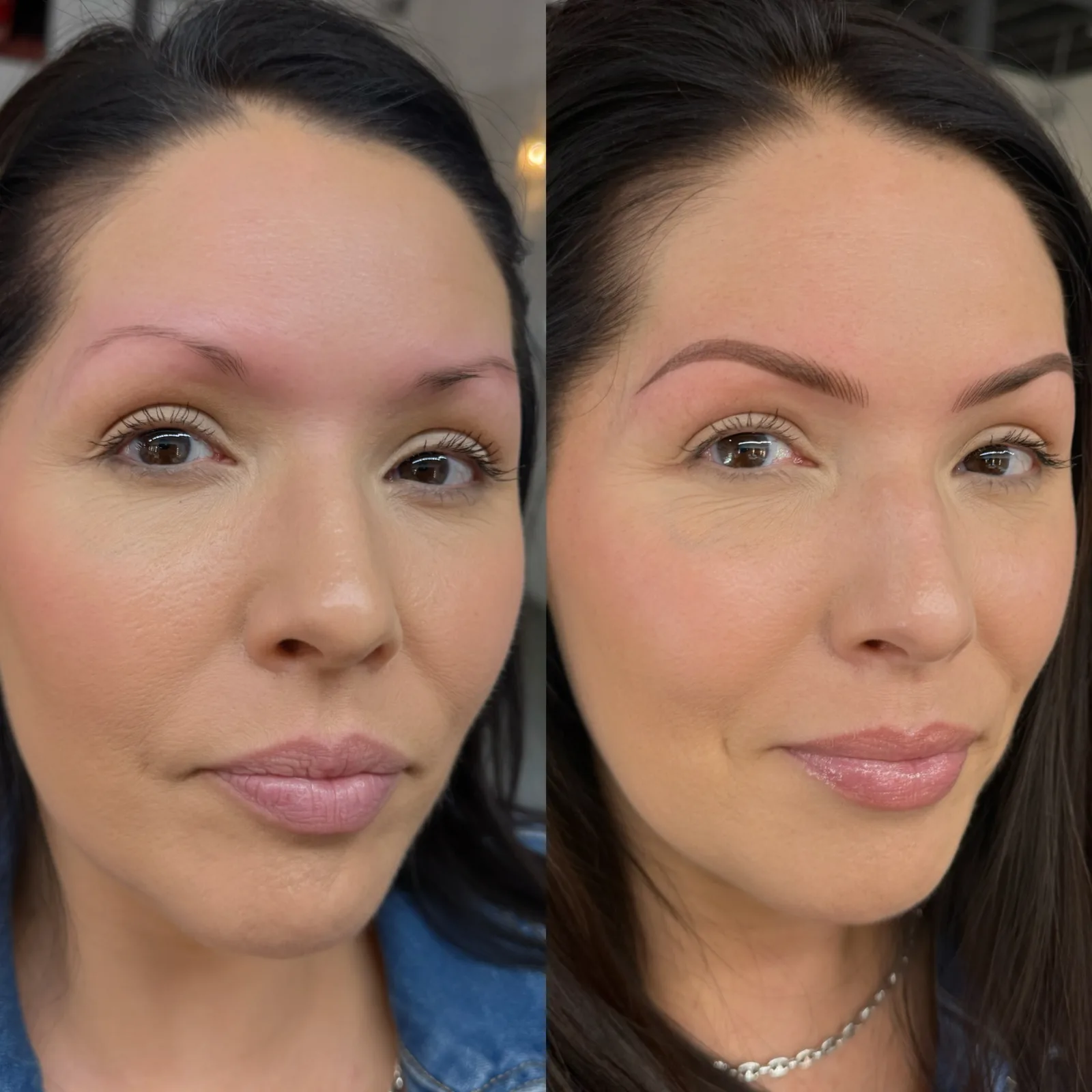 Nano Brows before and after at Microblading LA: sparse, faint brows transformed into soft, defined, softly arched brown brows
