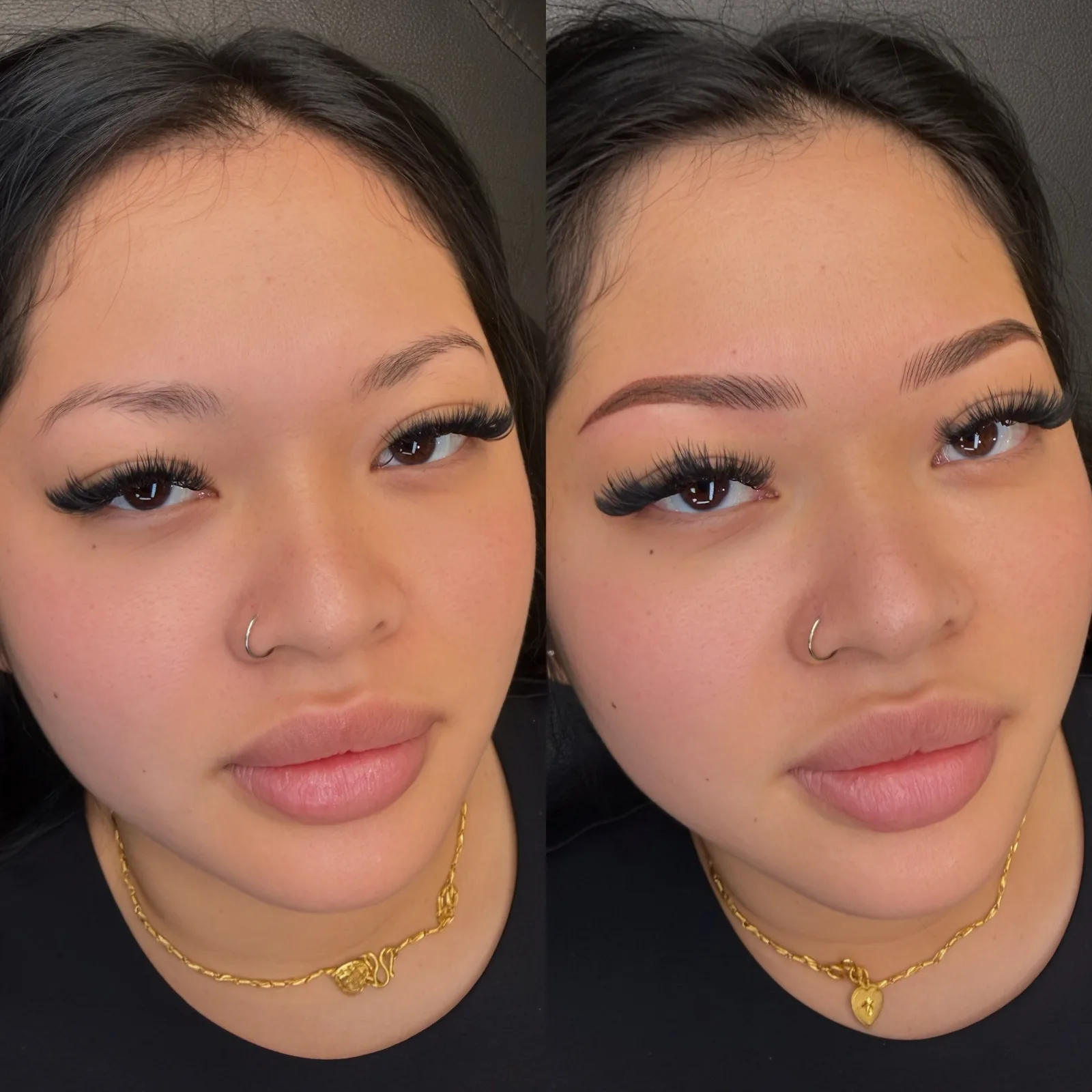 Nano Brows before and after at Microblading LA: sparse light brows turned into fuller, softly arched warm brown brows