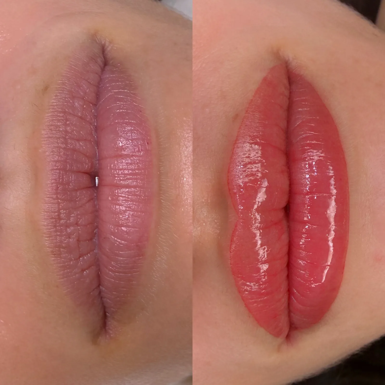 Before-and-after lip color at Microblading LA: pale mauve lips turned glossy coral-red with a crisp, defined outline