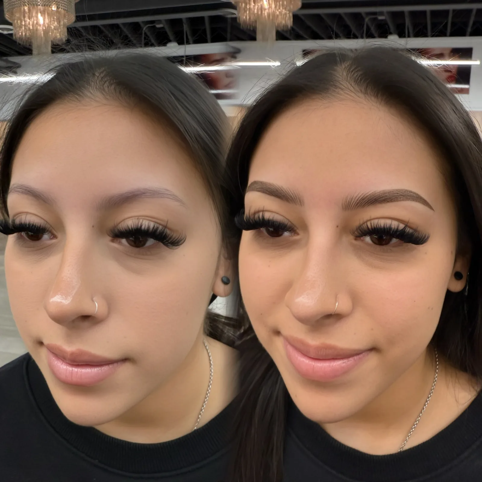 Nano Brows before and after at Microblading LA: sparse, faint brows transformed into full, softly arched medium brown brows