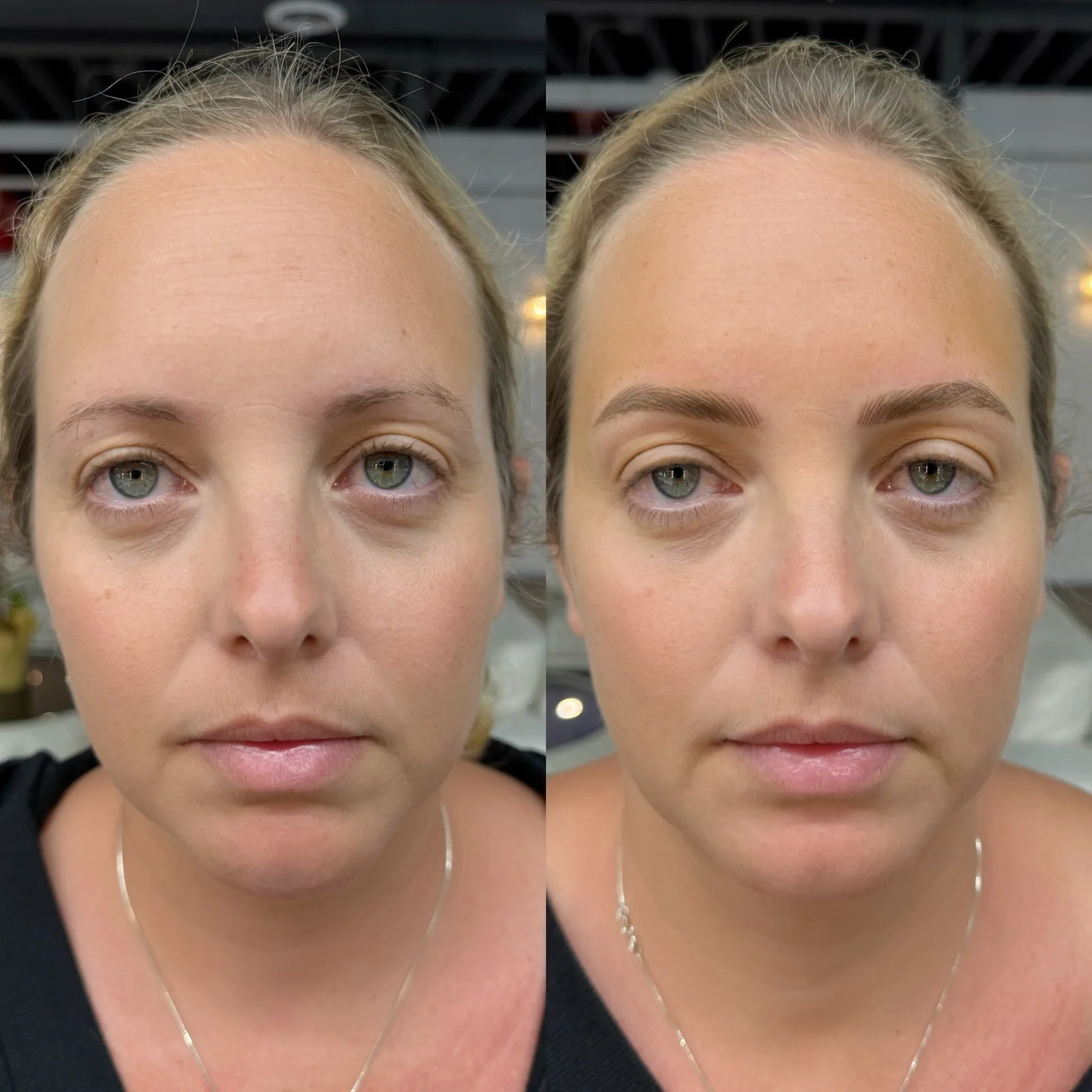 Nano brows before and after at Microblading LA: sparse, faint brows transformed into full, soft-arched medium brown brows