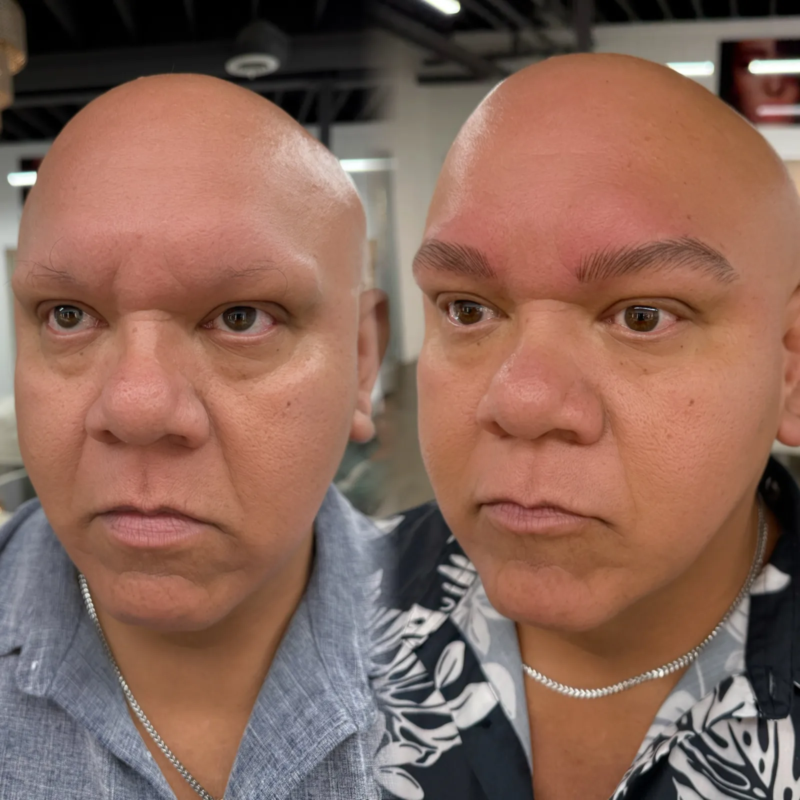 Nano Brows before and after at Microblading LA: sparse brows transformed into fuller, straight dark brown brows on a man