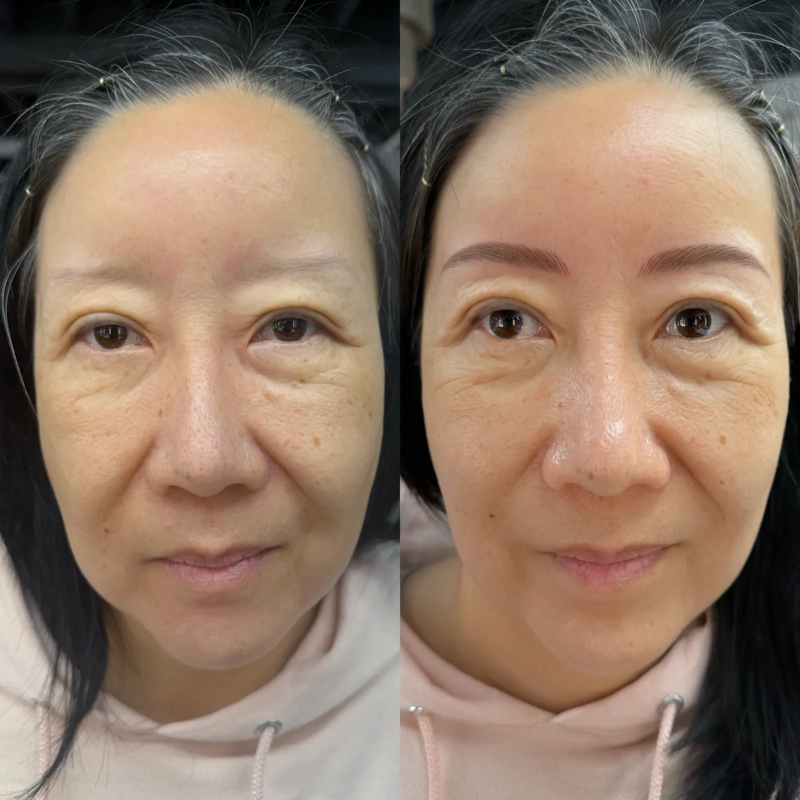 Nano brows before and after at Microblading LA: sparse, faint brows transformed into soft, softly arched medium brown brows