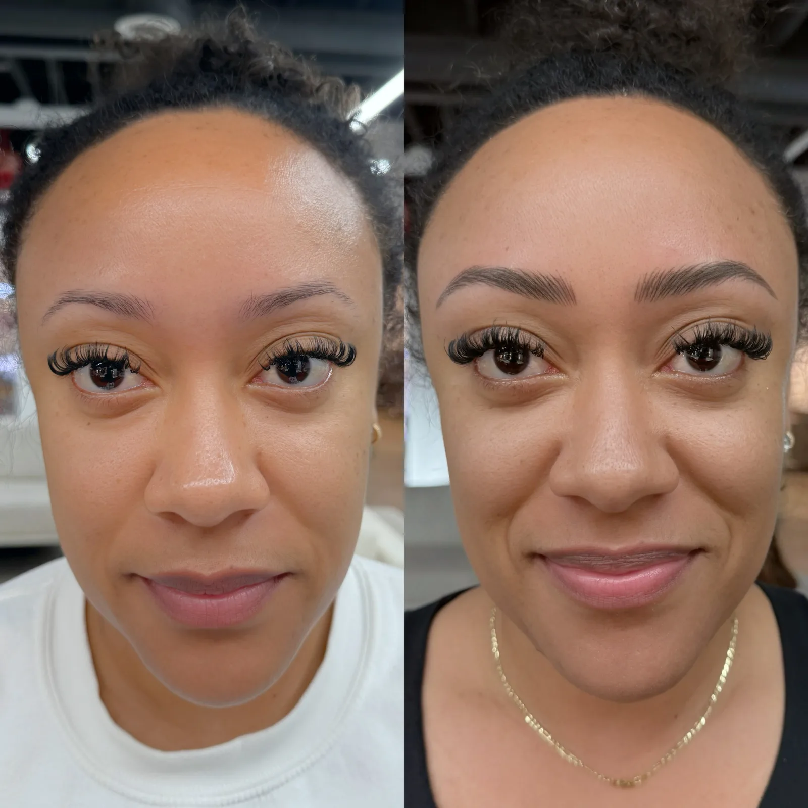 Nano Brows before and after at Microblading LA: sparse light brows become fuller, softly arched dark brown brows