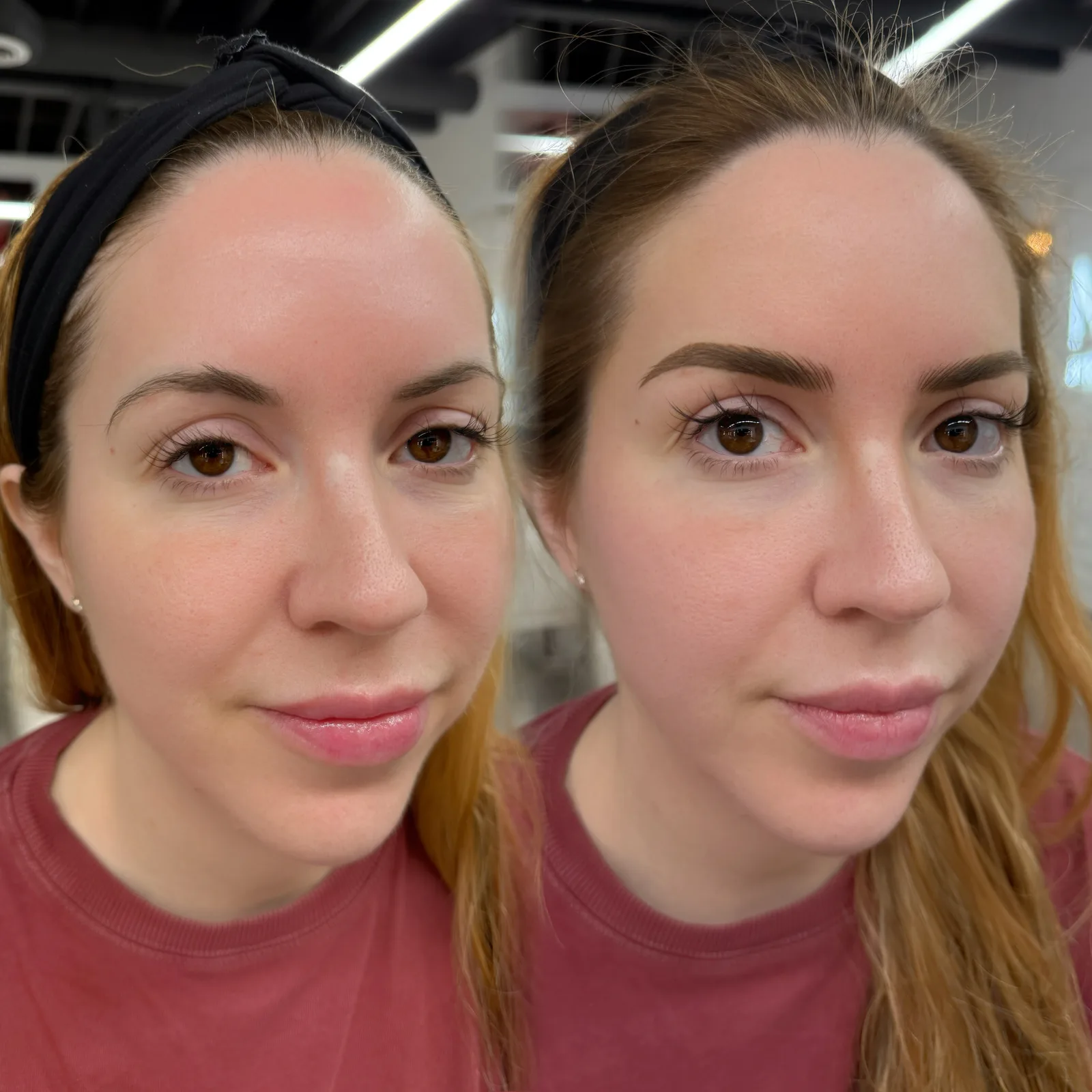 Nano Brows before and after at Microblading LA: sparse light brows become fuller, defined soft-arched brows in a warm brown